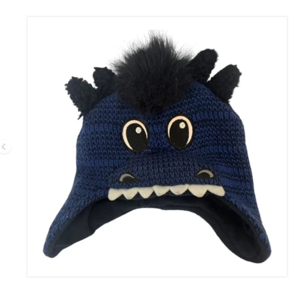 The Childrens Place Boys Blue Dragon Knit Trapper Hat Fleece Lined S 12-24M